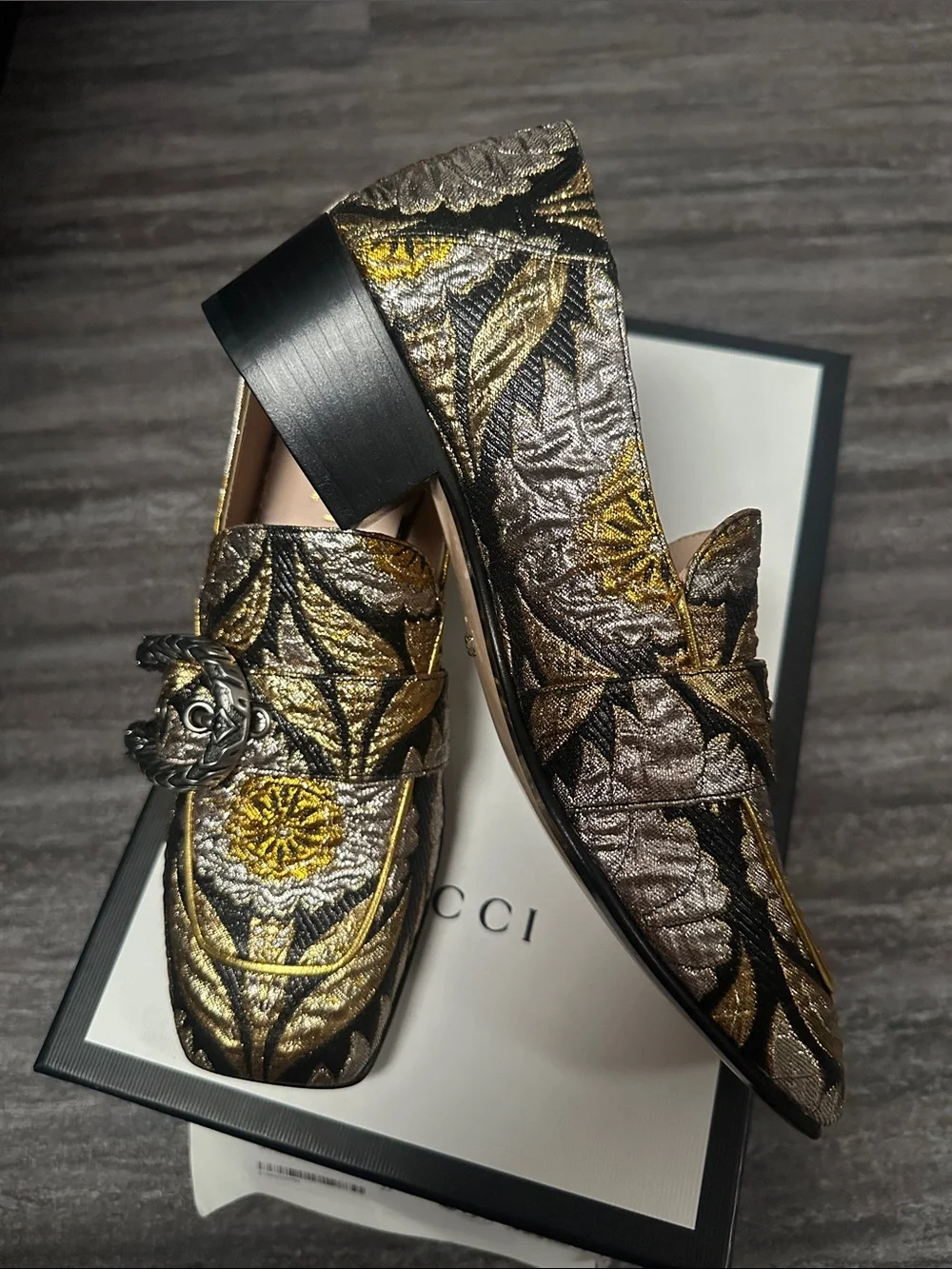 Gucci Gold & Black Embroidered Horsebit Loafers
